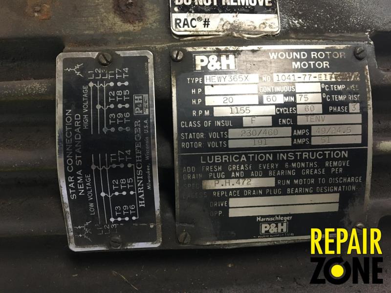 P and H 20 HP 1200 RPM 365X