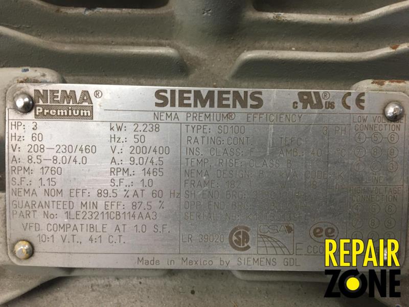Siemens 3 HP 1800 RPM 182T FR-D
