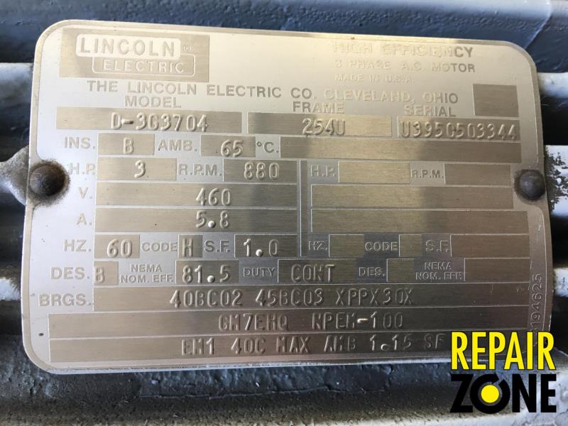 Lincoln 3 HP 900 RPM  254U FR